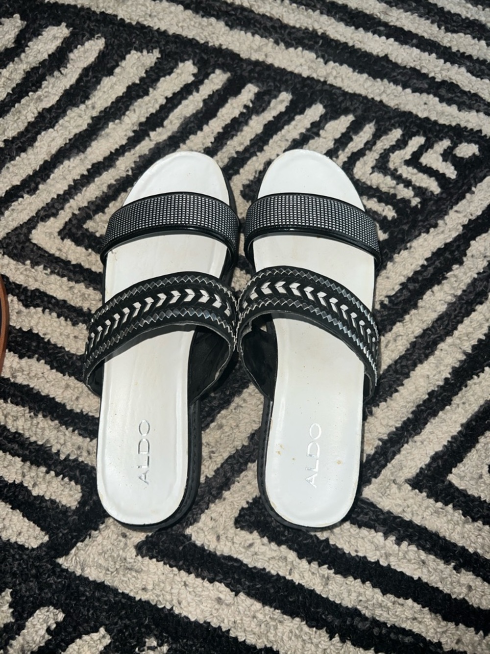 ALDO Black and White Two-Strap Slide Sandals with Braided Detail